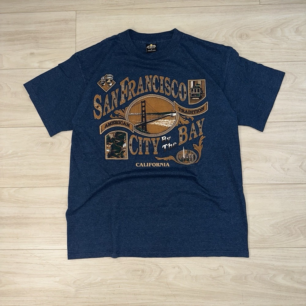 Vintage San Francisco Shirt Mens L Blue Pacific Coast City Bay Landmarks 90s USA